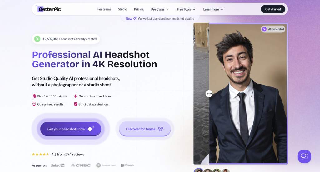 A BetterPic.io website showcasing an AI-powered headshot generator with 4K resolution, featuring customizable styles, quick processing, and data protection for professional results.